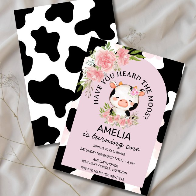 Invitation Avez-vous entendu les Moos Rose  Imprimé de vache  (Have You Heard the Moos cow invite with watercolor flowers)