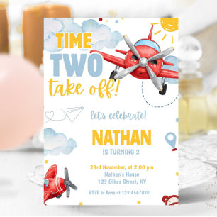 Invitation Aviation Boys Blue Airplane Travel 2e anniversaire
