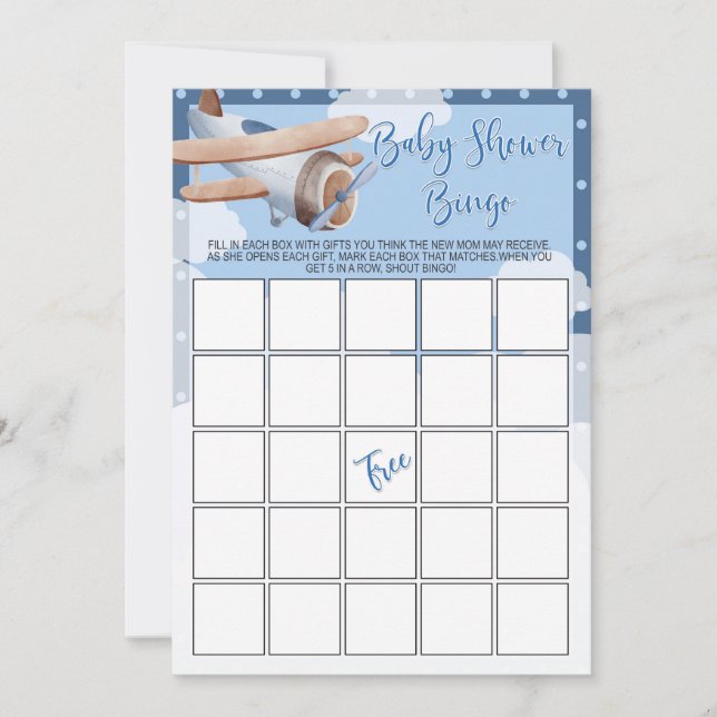 Invitation Avion Baby shower Bingo Jeu Blue Boy (Devant)