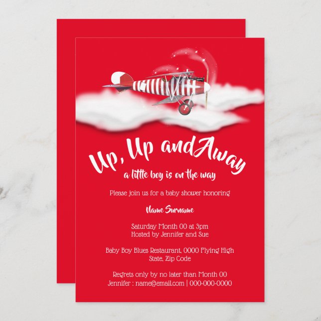 Invitation Avion baby shower Voyage garçons vintage rouge (Devant / Derrière)