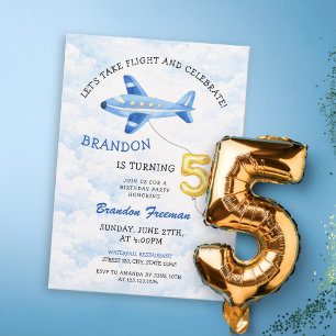 Invitation Avion bleu et or aquarelle pour un 5ème anniversai