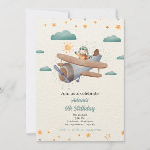 Invitation Avion bleu et vert aquarelle anniversaire Invit