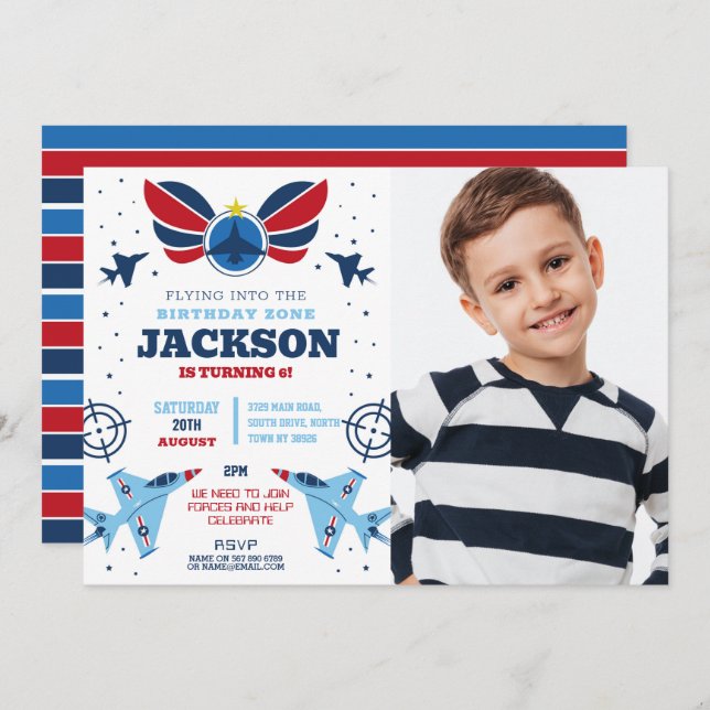Invitation Avion d'anniversaire Volant Avion de garçon Armée  (Devant / Derrière)