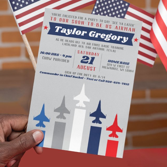 Invitation Avion de combat militaire Jet Air Force Départ (Military Fighter Jet flight formation Air Force Going Away Farewell Party Invitation, USA Flag, F-16)