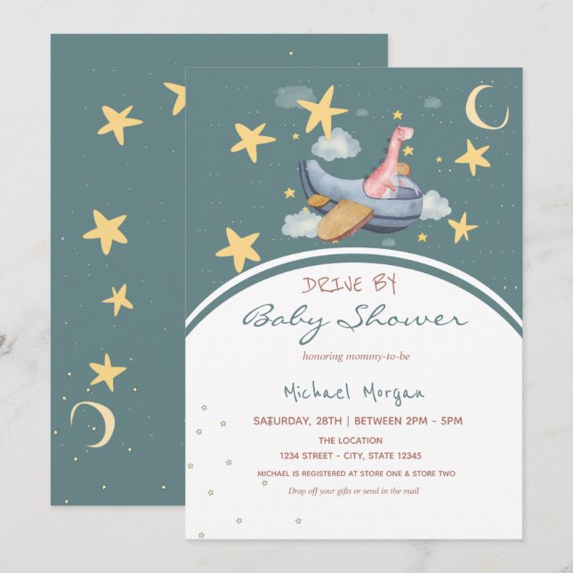 Invitation Avion Dino  Étoiles de l'espace Fête pour bébé à l (Devant / Derrière)