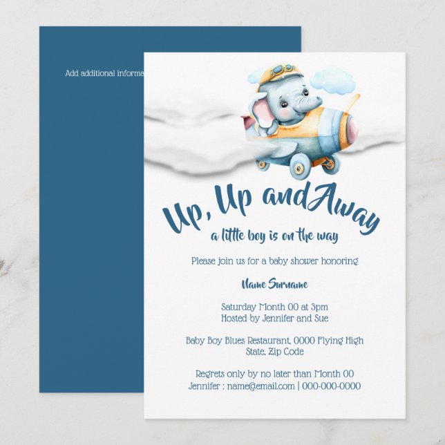 Invitation Avion éléphant baby shower garçons bleu safari (Devant / Derrière)