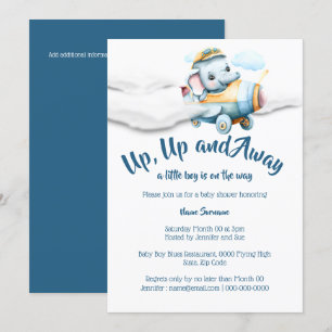 Invitation Avion éléphant baby shower garçons bleu safari
