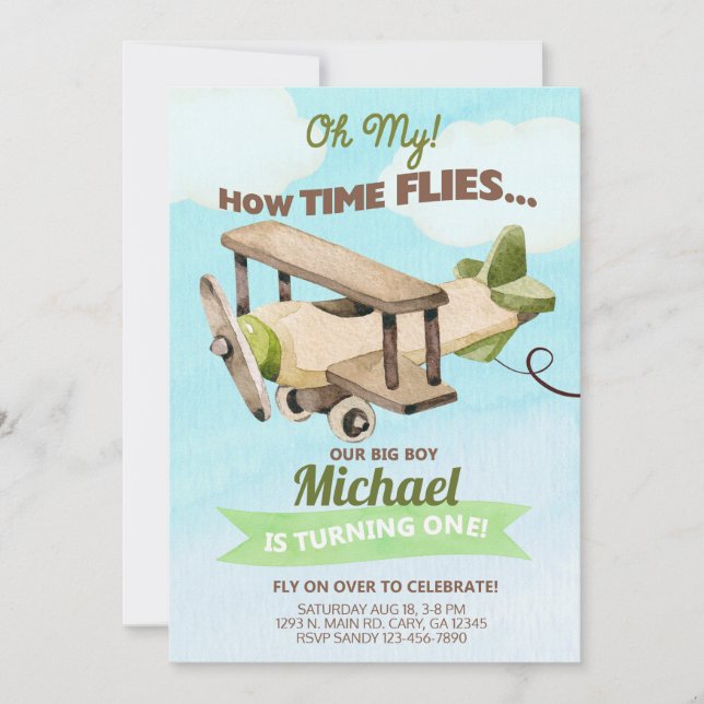 Invitation Avion garçon 1er premier anniversaire invitation.  (Devant)
