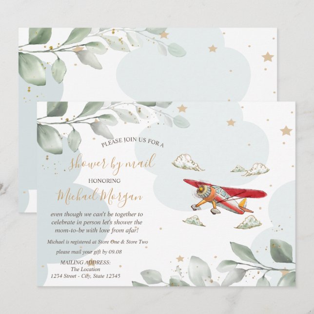 Invitation Avion, Nuages, Étoiles, Baby shower Par Courrier (Devant / Derrière)