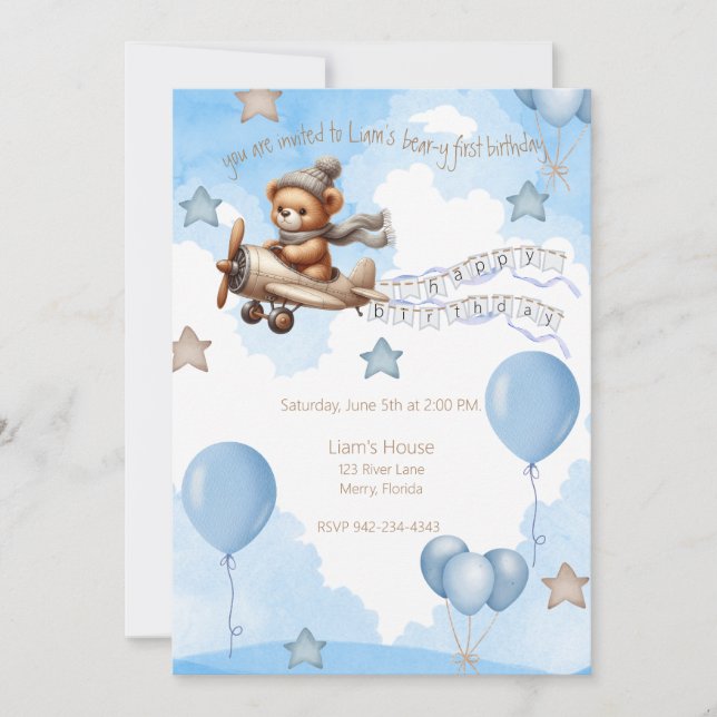 Invitation Avion Ourson bleu de premier anniversaire (Devant)