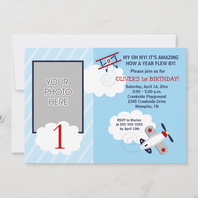 Invitation Avion Petit Avion Photo Rouge/Bleu Anniversaire (Devant)