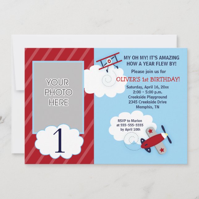 Invitation Avion Petit Avion Red & Navy Photo Anniversaire (Devant)