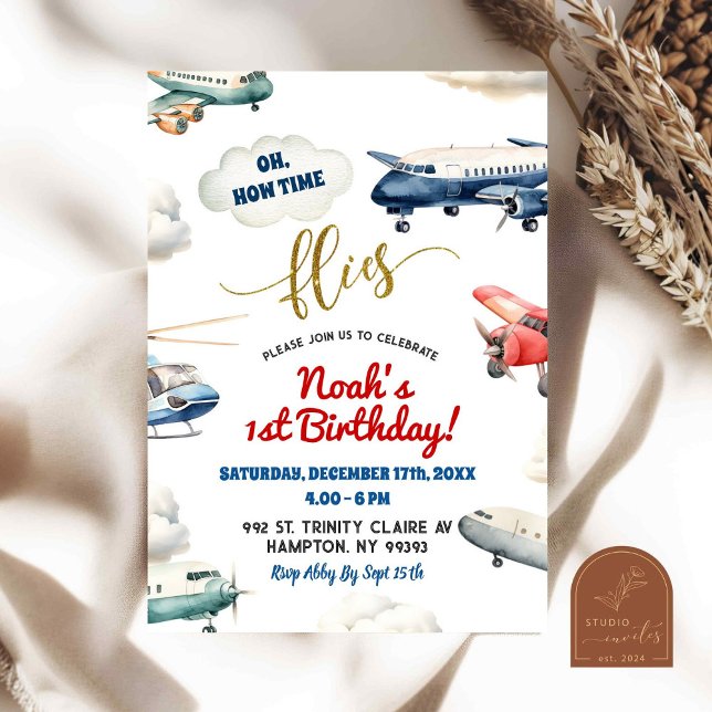 Invitation Avion Rouge Bleu Premier Anniversaire Garçon (Créateur téléchargé)
