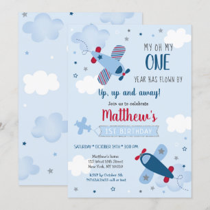 Invitation Avion Stars Nuages Garçon Premier Anniversaire