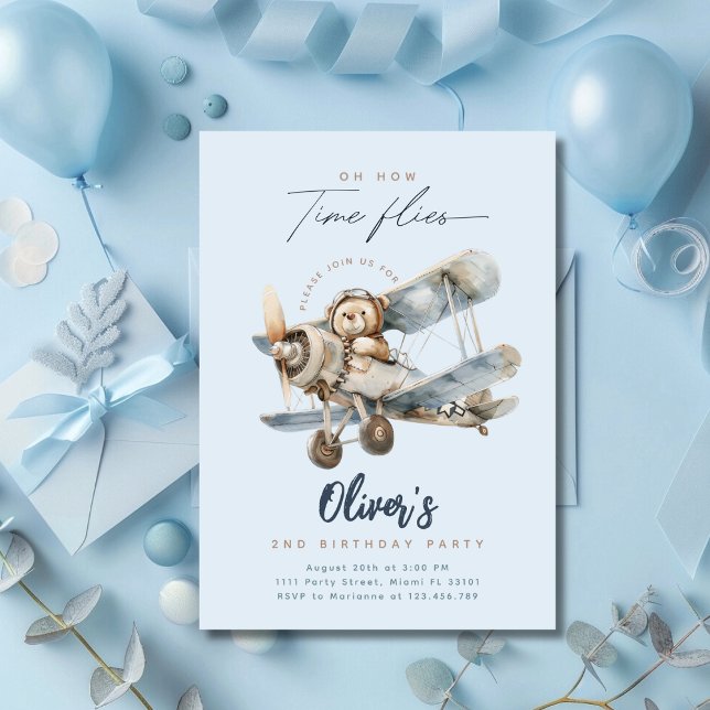 Invitation Avion Teddy Bear Blue Heure Vol Anniversaire (Créateur téléchargé)