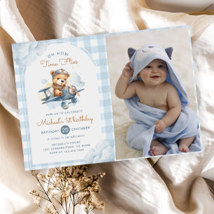 Invitation Avion Teddy Bear Blue Heure Vol Anniversaire Photo