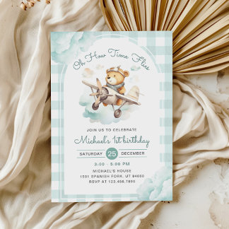 Invitation Avion Teddy Bear Pastel Temps Vol Anniversaire