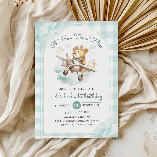 Invitation Avion Teddy Bear Pastel Temps Vol Anniversaire (Créateur téléchargé)