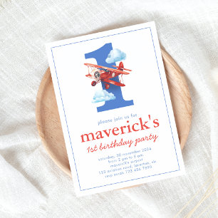 Invitation Avion vintage 1er anniversaire avec numéro 1