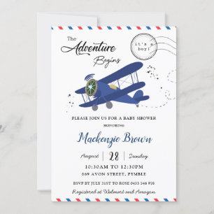 Invitation Avion vintage Avion Blue Gold Baby shower garçon