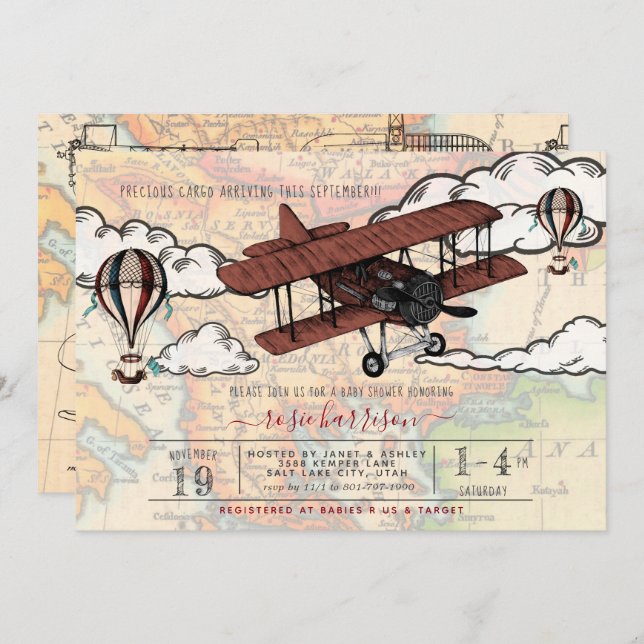 Invitation Avion vintage | Baby shower de voyage (Devant / Derrière)