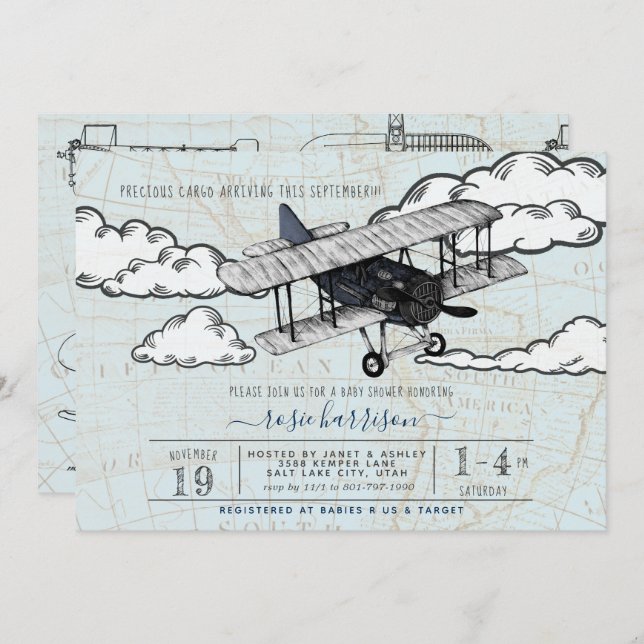 Invitation Avion vintage | Baby shower de voyage (Devant / Derrière)
