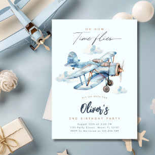 Invitation Avion vintage Blue Voyage Boy fête d'anniversaire
