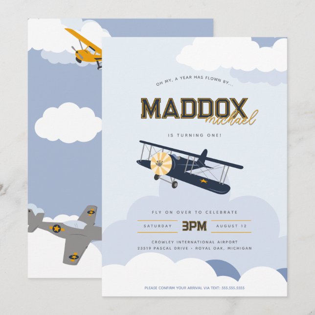 Invitation Avion vintage temps vole Retro premier anniversair (Devant / Derrière)