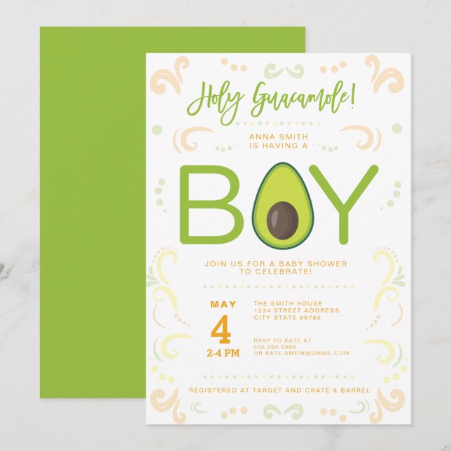 Invitation Avocado Baby shower Boy Guacamole Parti Taco (Devant / Derrière)