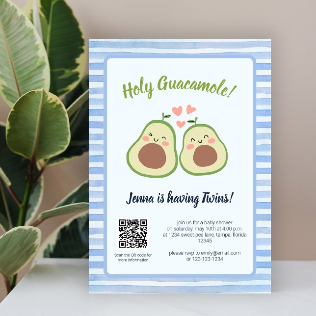 Invitation Avocado Genre Neutre QR Code Jumeaux Baby shower (Avocado Gender Neutral QR Code Twins Baby Shower Invitation)