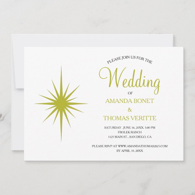Invitation Avocado Green Starburst Mariage du milieu du siècl (Devant)