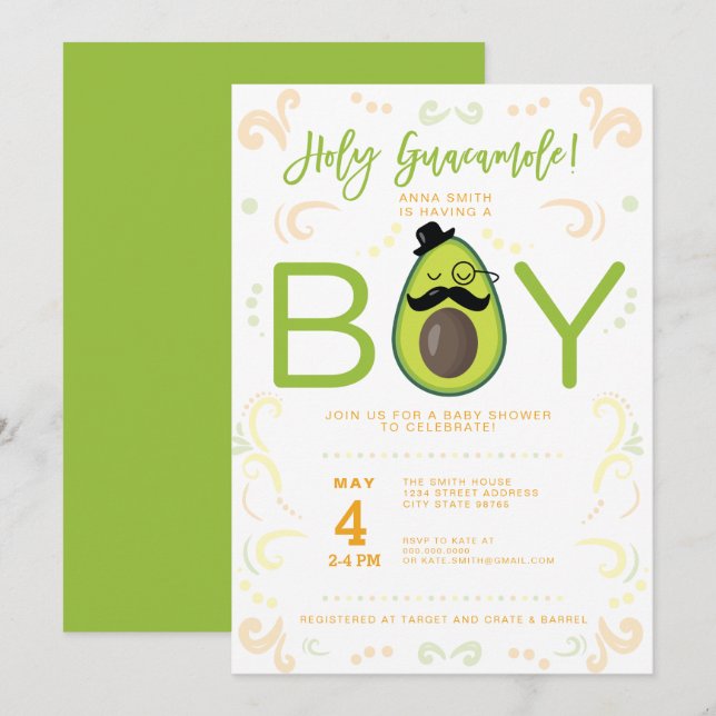 Invitation Avocado Saint-Guacamole Baby shower garçon Taco (Devant / Derrière)