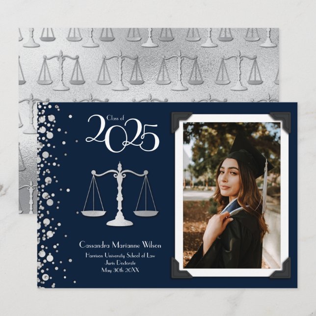 Invitation Avocat école de droit Silver Graduation Marine Blu (Devant / Derrière)