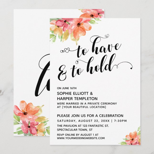 Invitation Avoir & Garder les Coeurs Script Florales Aquarell (Devant / Derrière)