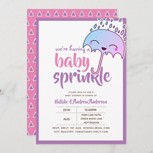 Invitation Avoir Un Bébé SPRINKLE Kawaii Purple Rose (Devant / Derrière)