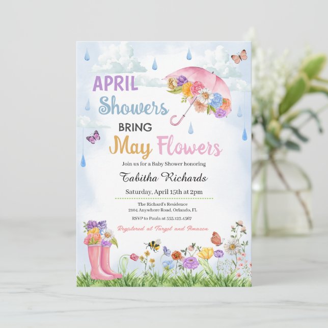 Invitation Avril Douches Apportent Mai Fleurs Baby shower de  (Debout devant)