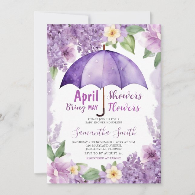 Invitation Avril Douches Apportent Mai Fleurs Purple Paraplui (Devant)
