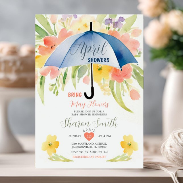Invitation Avril Pleut Apporte Fleurs De Mai Parasol Bleu (Créateur téléchargé)