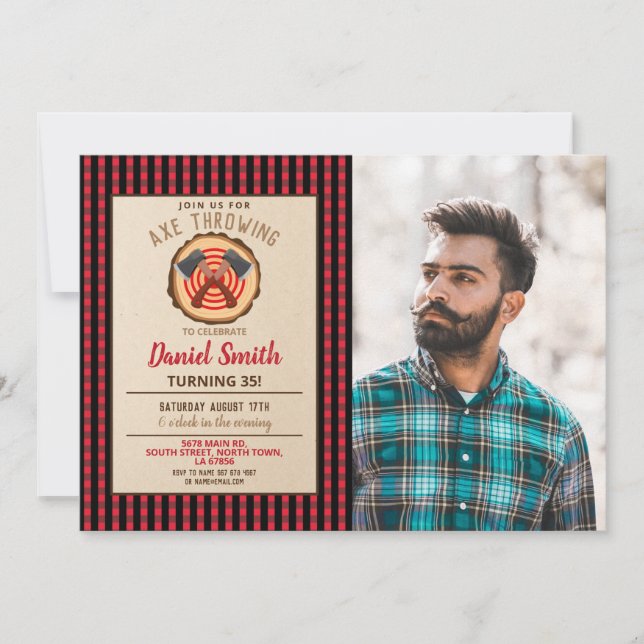 Invitation Ax Jeter Anniversaire Bois Lumberjack Plaid Photo (Devant)