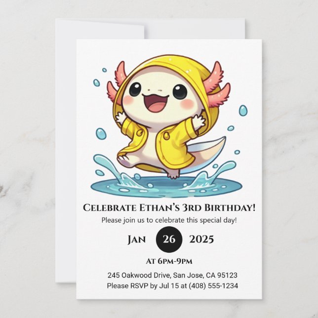Invitation Axolotl Anniversaire Jour Pluvieux (Devant)