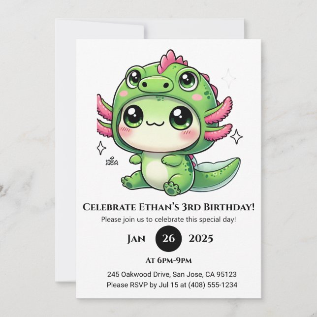 Invitation Axolotl dans un chapeau de dragon pour son anniver (Devant)