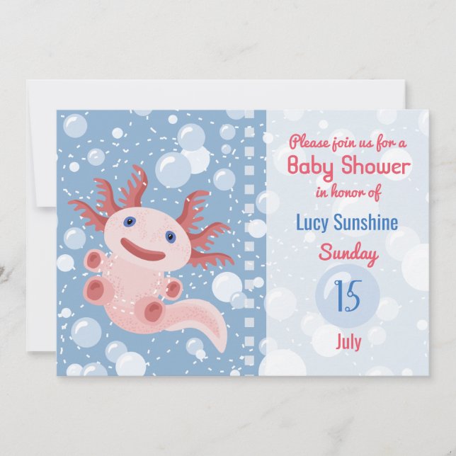 Invitation Axolotl et les bulles - Baby shower d'eau bleu (Devant)