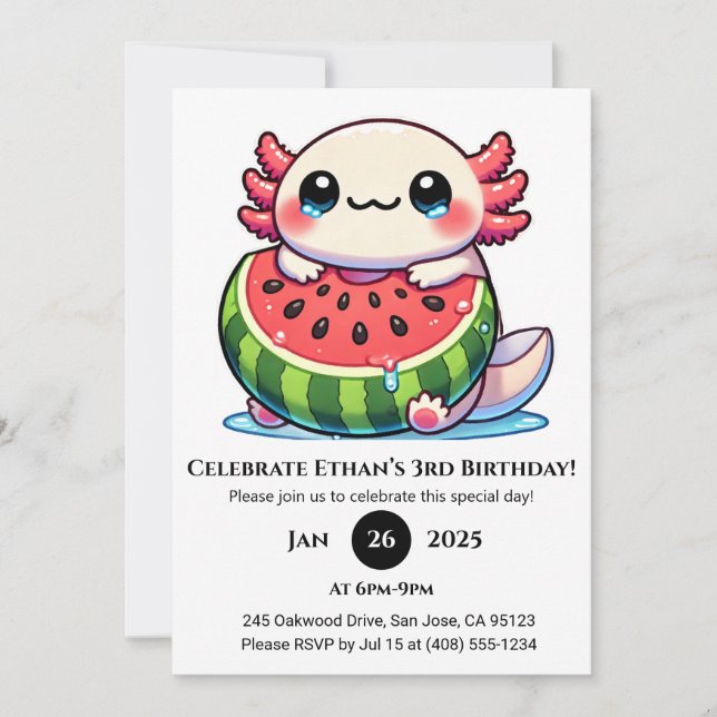 Invitation Axolotl in Watermelon Float Birthday (Devant)
