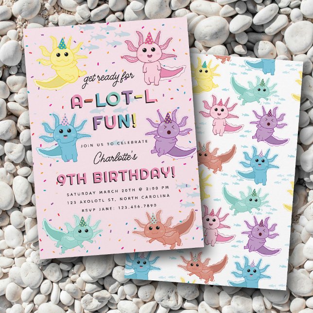 Invitation Axolotl Kids Cute Salamander Pink Anniversaire (Axolotl Kids Cute Salamander Pink Birthday Party Invitation)