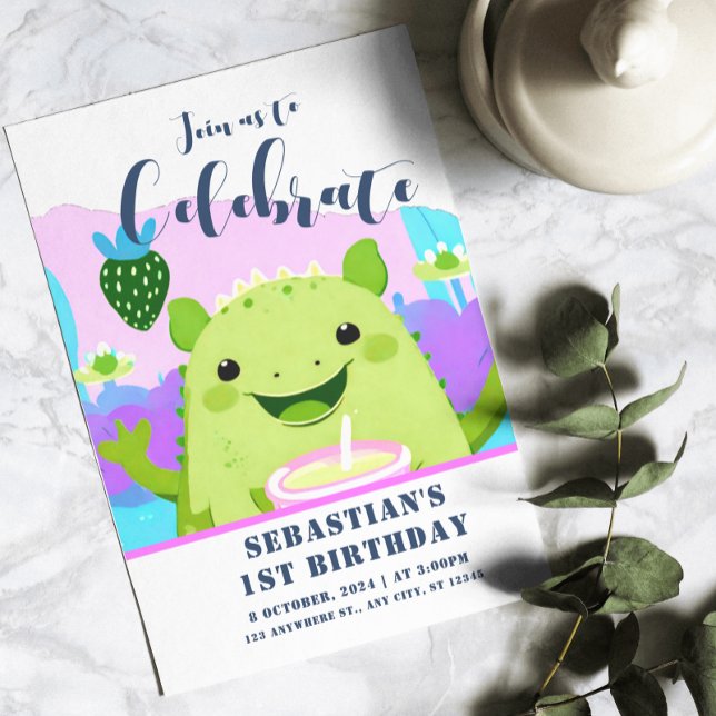 Invitation Axolotl Lait à boire 1er anniversaire (Axolotl Drinking Milk 1st Birthday Invitation
)