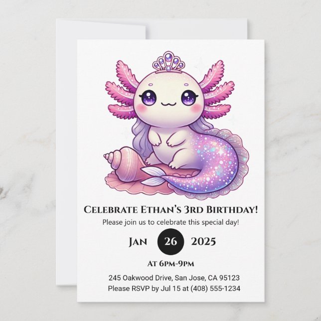 Invitation Axolotl Mermaid Princesse Anniversaire (Devant)