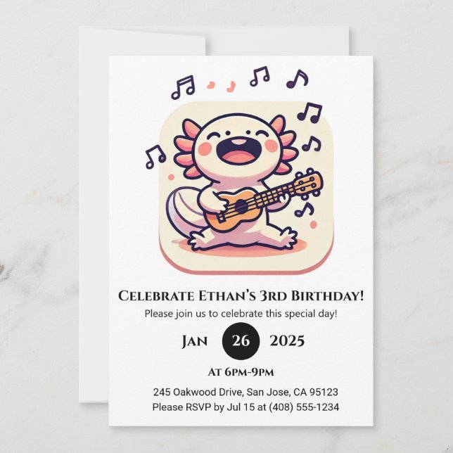 Invitation Axolotl qui chante avec un Ukulele d'anniversaire (Devant)