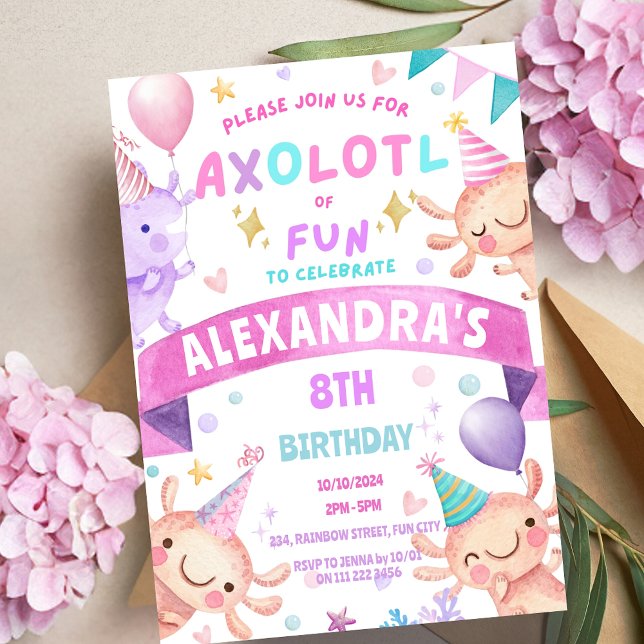 Invitation Axolotl Rose Girl Cute Salamander Aquatic Annivers (Axolotl Pink Girl Cute Salamander Aquatic Birthday Invitation)