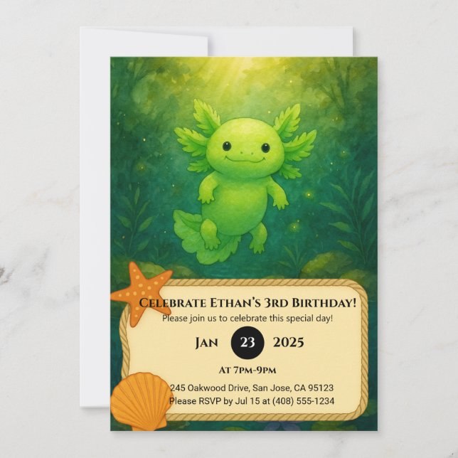 Invitation Axolotl Vert dans un Anniversaire de Forêt Enchant (Devant)