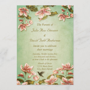 Invitation Azalées roses Vintage sur Green Mist Mariage